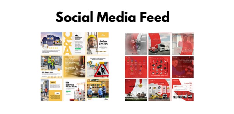 Deck slide titled Social Media Feed, showing mock-ups of a red and yellow Instagram grid