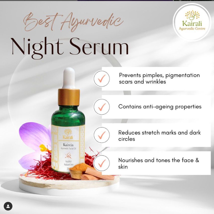 Kairali post: Best Ayurvedic Night Serum, a green bottle of Kaircin facial oil with four benefit callouts