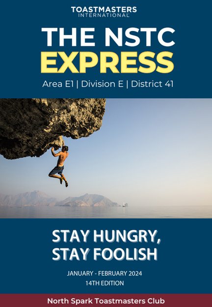 NSTC Express cover with a climber on a rock overhang: Stay Hungry, Stay Foolish